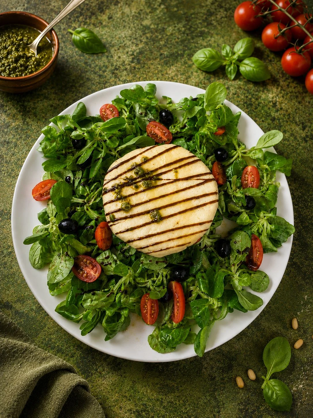 Illustration gourmande sur un lit de salade, tomates et olives